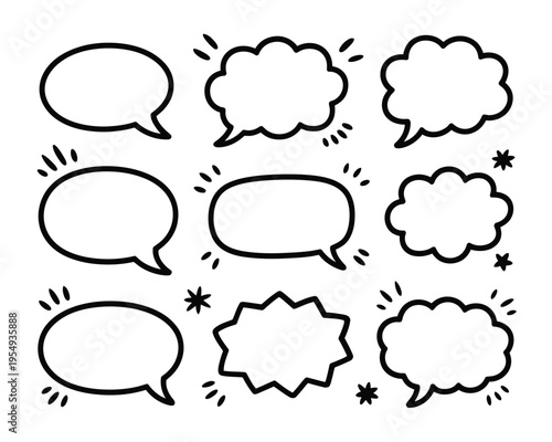 Talk bubble and caption shapes, comic style dialog frames, announcement callouts, hand drawn vector set for presentations and prints