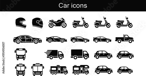 Large vector collection of black car icons including sedan, sports car, truck, bus, camper van, motorcycle, scooter, and safety helmets for transportation design.