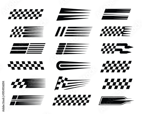 Performance racing decals bundle with motion streaks, checkered panels, aerodynamic stripes for vehicle livery, sports promotion, energetic abstract vector elements