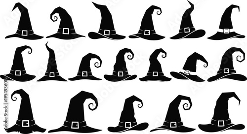 Large collection of black witch hat silhouettes with buckles and curled tips isolated on white background for Halloween party invitations, decor, and spooky designs.