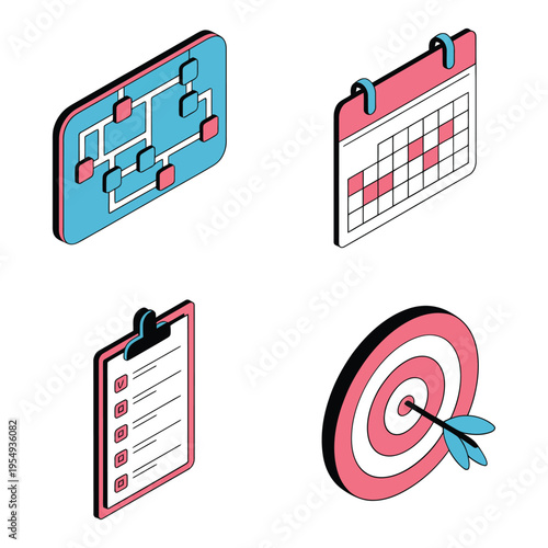 Task planner dashboard with kanban board, calendar cards, clipboard checklist and target icon, office productivity vector for project tracking