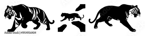 Tiger prowling silhouette set with dramatic contours and fluid lines featuring wild animal, jungle, predator with minimalist design and bold shapes