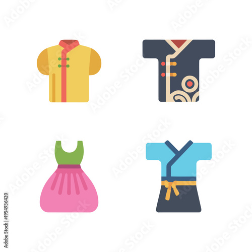 Traditional asian outfit set vector, cheongsam dress, mandarin collar tunic, festive robe, folk costume, lunar new year, cultural festival design