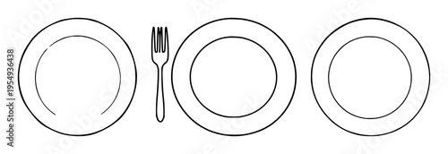 Dinner plate icon set with flat design and bold outlines featuring plate, rim, center bowl, garnish elements with circular shape and black silhouette