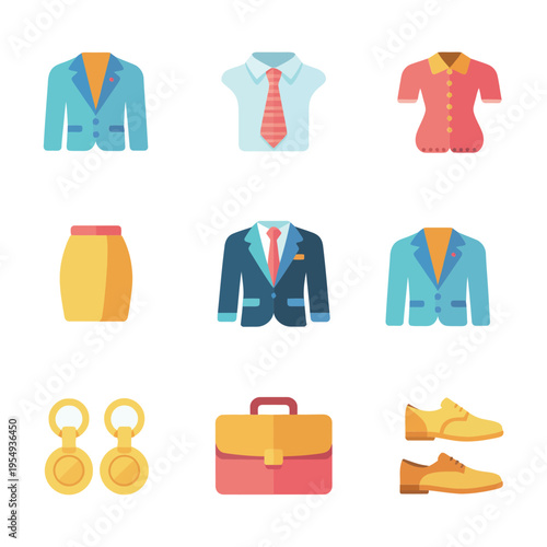 Professional clothing bundle vector, blazer, necktie, skirt, handbag, loafer shoes, jacket, polo, dress, business conference, seminar, corporate branding, catalog illustration