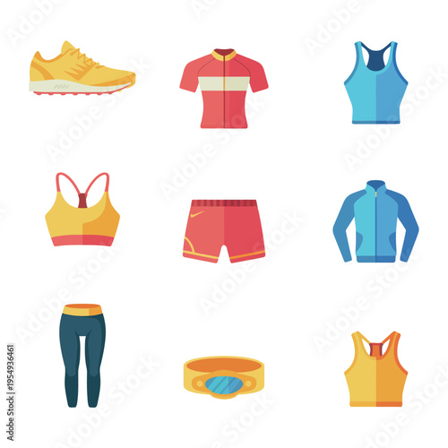 Sportswear set vector, running sneakers, fitness bra, training shorts, tracksuit jacket, belt, gym workout, marathon event, yoga class, lifestyle design