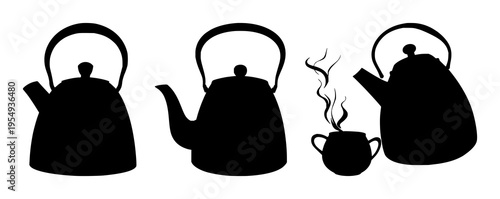 Kettle boiling silhouette set with dynamic steam swirl background featuring steaming kettle, abstract steam, silhouette illustration with black and white line art and minimalistic design