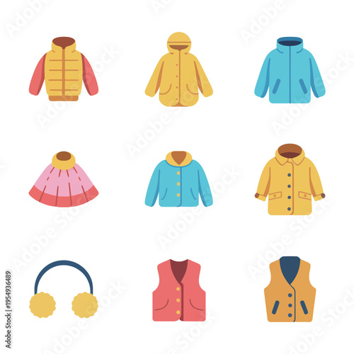 Winter clothing vector set, warm coat jacket vest, earmuff hat scarf, snow festival poster, cold weather illustration, cozy fashion icons