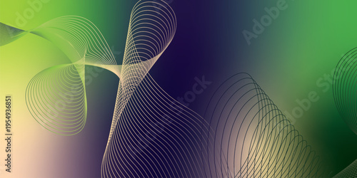 Luminous green, DarkBlue, and Bisque light ribbons curving smoothly across a deep shadowy background filled with tiny glittering particles, futuristic digital technology concept, vector illustration.