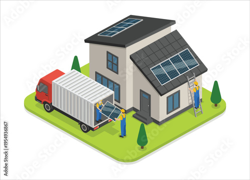 Isometric illustration of a house with solar panels and workers on transparent background silhouette high quality professional detailed modern elegant stylish