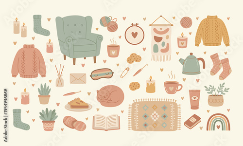 Cozy comfortable lifestyle, winter and autumn mood. Flat vector illustration. Thanksgiving Day, Autumn season. Vector flat