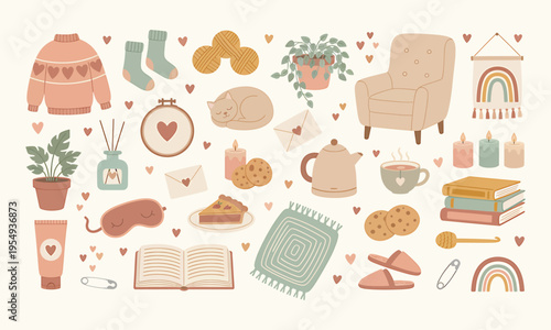 Cozy comfortable lifestyle, winter and autumn mood. Flat vector illustration. Thanksgiving Day, Autumn season. Vector flat