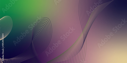 Luminous green, DarkBlue, and Bisque light ribbons curving smoothly across a deep shadowy background filled with tiny glittering particles, futuristic digital technology concept, vector illustration.