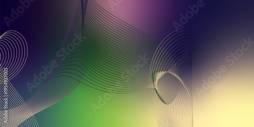 Luminous green, DarkBlue, and Bisque light ribbons curving smoothly across a deep shadowy background filled with tiny glittering particles, futuristic digital technology concept, vector illustration.