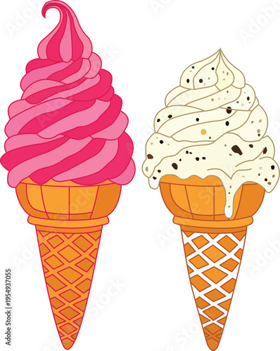 Two ice cream cones strawberry swirl and vanilla bean chocolate chip vector drawing