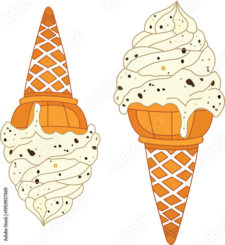 Vanilla bean ice cream cone with chocolate chips melting and dripping detailed drawing
