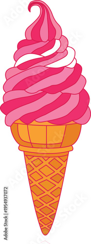 Strawberry swirl soft serve ice cream cone with orange waffle cone detailed drawing