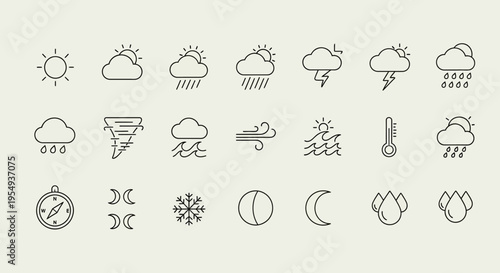 Minimalist line art weather icon set displayed in a neat grid layout.