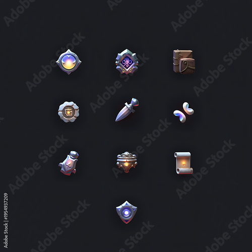 Collection of fantasy game icons featuring various magical symbols and objects on a black background