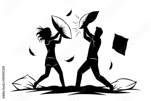 Couple Pillow Fight Playful Marriage Bedroom Fun Relationship Humor Joyful Moment Black Vector Silhouette