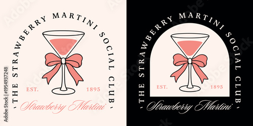 Strawberry martini cocktail lovers club pink logo girls night summer party drink fruit cream flavor illustration. Glass with bow black outline drawing cute girly coquette aesthetic shirt design print.