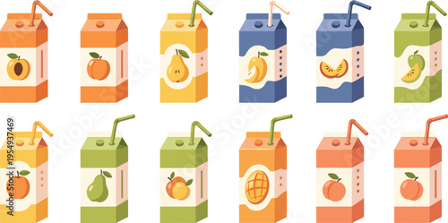 Fruit Juice Box Set with Different Flavors and Straw Packaging, Colorful Drink Carton Collection for Kids Beverage, Healthy Refreshment, and Food Illustration Design
