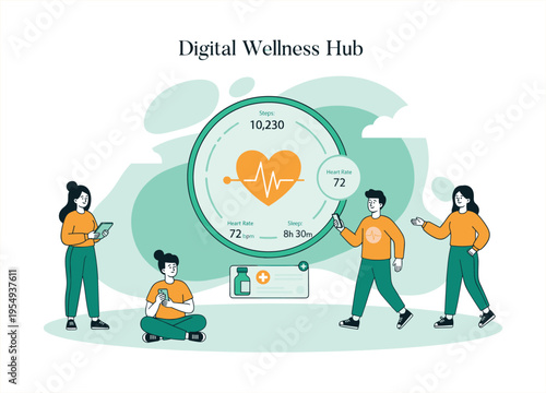 Digital wellness hub illustration with people and health data on transparent background silhouette high quality professional detailed modern elegant stylish clean