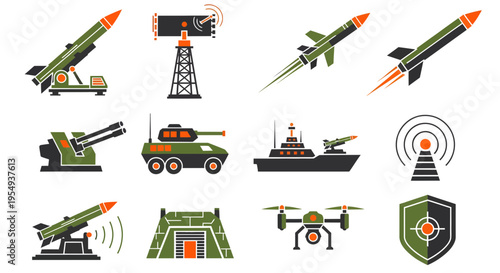 Military Defense System Icons Set with Missile Launchers, Radar, Combat Drone, and Modern Weaponry Vector Illustrations