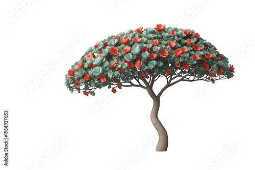 Blooming tree with vibrant red flowers and green leaves on a transparent background, showing botanical beauty and growth