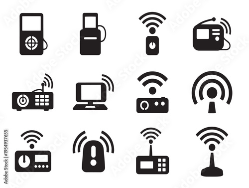 Black and white icons of various wireless devices