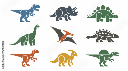 A colorful collection of dinosaur illustrations, featuring iconic prehistoric creatures in a variety of poses and styles, perfect for educational and playful content
