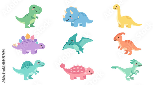 Cute Cartoon Dinosaurs Collection A Vibrant Assortment of Prehistoric Creatures for Children's Designs