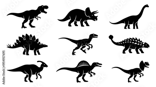 Set of silhouette illustrations of nine different prehistoric dinosaurs in various poses and species