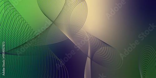 Luminous green, DarkBlue, and Bisque light ribbons curving smoothly across a deep shadowy background filled with tiny glittering particles, futuristic digital technology concept, vector illustration.