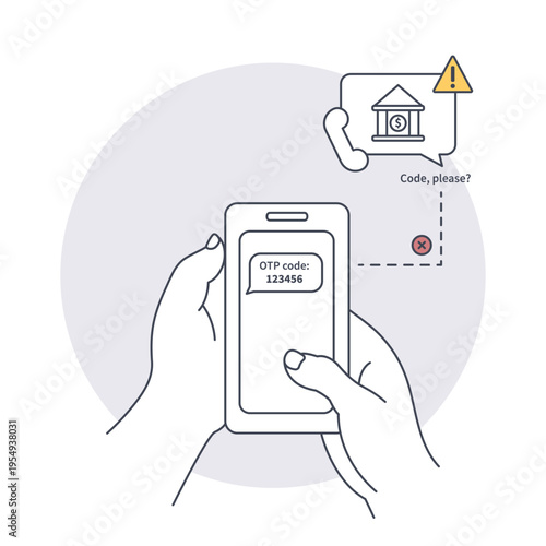 Vector illustration of fake bank phone call requesting one-time password code from smartphone user in OTP phishing scam.