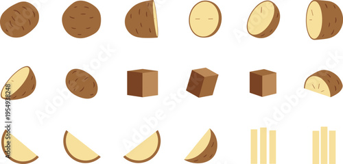 Potato Set with Whole Sliced Cubes and Fries, Fresh Vegetable Collection for Cooking Ingredients, Food Preparation, and Organic Nutrition Illustration Design