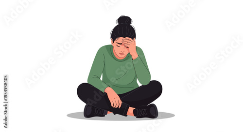 Illustration of a stressed young woman sitting cross-legged with her hand on her forehead against a plain white background.