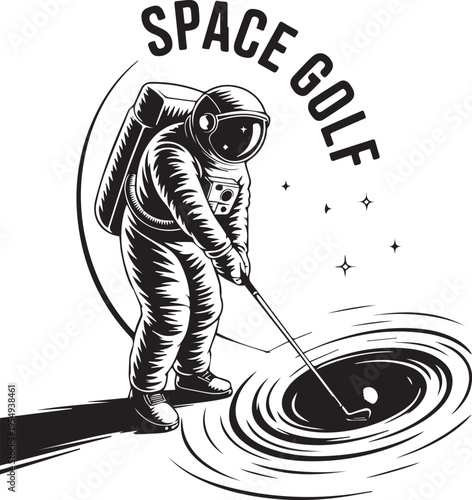 Intriguing black and white illustration of an astronaut playing golf, putting a ball into a swirling cosmic black hole