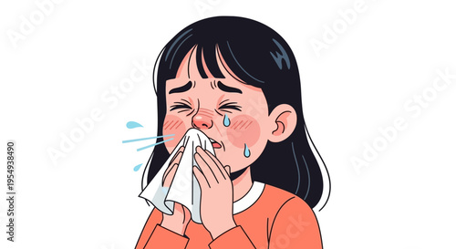Illustration of a young girl blowing her nose with a tissue while crying, wearing an orange shirt on a plain white background.