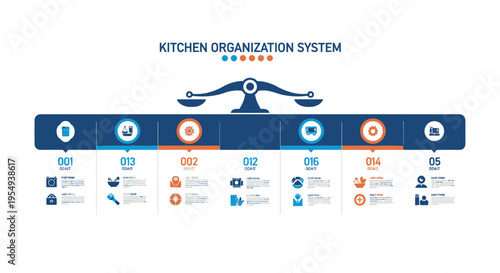 Kitchen Organization System Infographic with Icons and Balance Scale