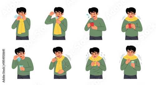 Illustration of a man in various sickness poses with a green jacket and yellow scarf on a white background