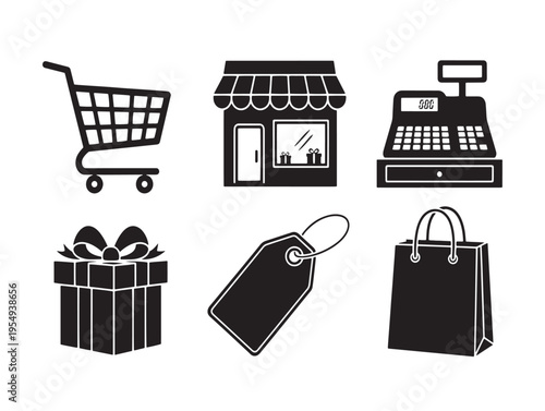 Shopping icons including cart, store, cash register, gift, tag, and bag