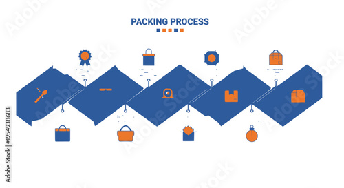 Packing Process Infographic: Shipping, Delivery, Logistics Icons on Blue Background