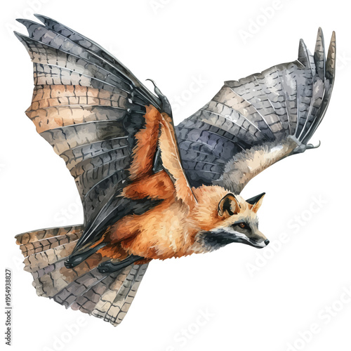 Flying Fox, clipart watercolor vector with gentle, isolated on a white background.