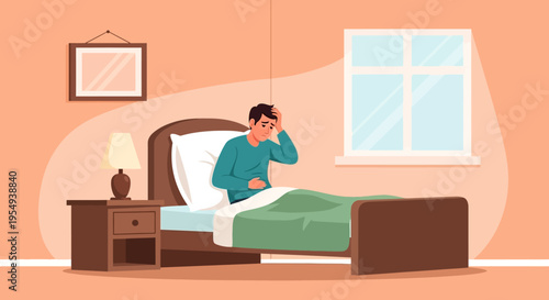 Illustration of a stressed man sitting on a bed in a bedroom with a window and nightstand.