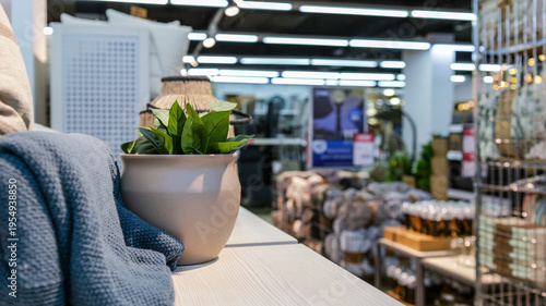 Canvas-taulu Cozy home decor items displayed on a shelf with a blurred retail store backgroun