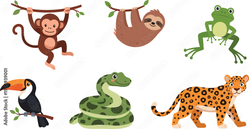 Obraz premium Cute Jungle Animals Set with Monkey Sloth Frog Toucan Snake and Leopard, Cartoon Wildlife Collection for Kids Illustration and Tropical Nature Design