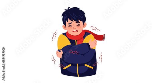 Illustration of a shivering cartoon boy wearing a backpack on a white background.