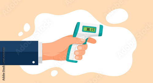 Cartoon hand in business suit holding digital thermometer with green screen