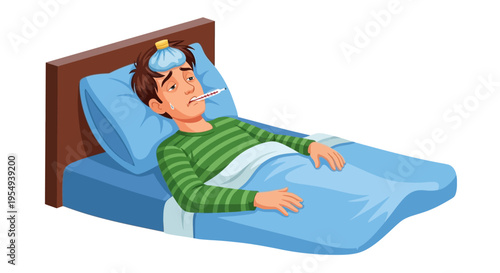 Illustration of a sick man lying in bed with a thermometer under his tongue